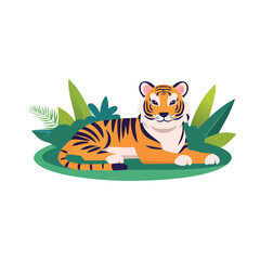Tiger lying on grass surrounded by leaves, a serene illustration of wildlife in a natural setting viewed from the side C131.eps