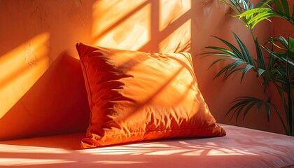 Soft orange pillow leans against a wall, sunlight creating shadows