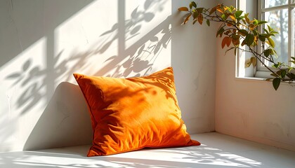 A vibrant orange pillow sits bathed in sunlight near a window with fall foliage