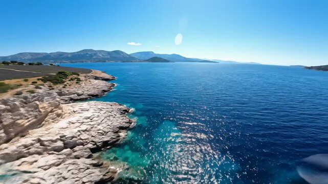 Sweeping drone aerial view gliding over extensive purple lavender fields and sun-drenched coastal rocks towards the distant hazy Adriatic hinterland under clear summer skies mountain, ecology, leisure