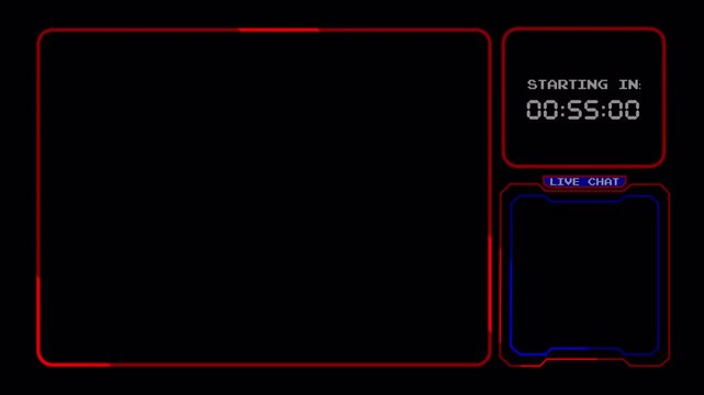Gaming Stream Overlays Intermission Screen. Red/Blue Twitch Layout with Webcam Frame, Live Chat, and Countdown 4k video animation seamless loop