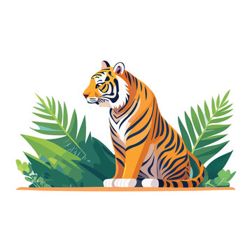 Vector illustration of a tiger sitting among tropical leaves, showcasing wildlife in a natural setting from a side viewpoint, file reference C130.eps