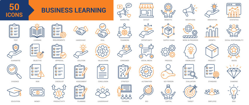 Business Learning colored line icon collection set. Containing marketing, outlet, benefits, innovation, statistics, test, quality, evidence, education, teamwork, opportunity, requirements icons