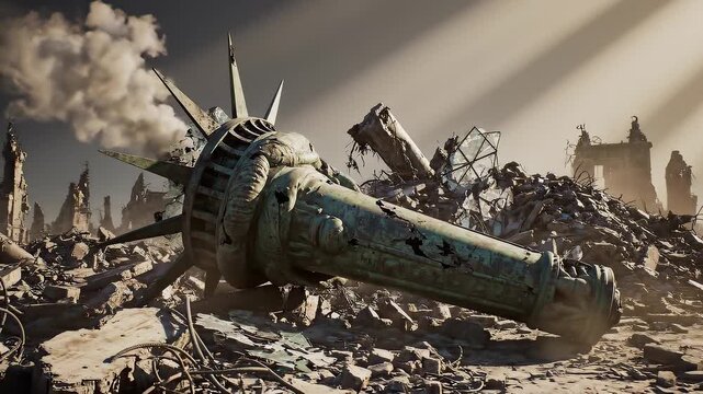 Ruined Statue of Liberty head in a destroyed city after apocalypse