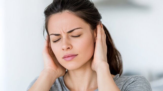 Woman Covering Ears Experiencing Ear Pain or Noise Sensitivity Against White Background