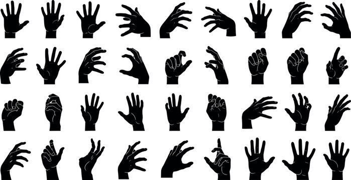Large set of black vector hand silhouettes featuring various gestures, signals, and poses isolated on white background for graphic design.