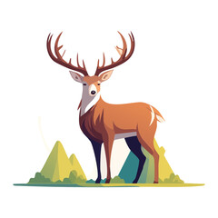 Majestic Deer Standing on Mountainside Landscape with Antlers, C138.eps Vector Illustration
