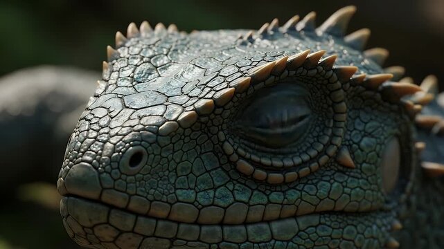 closeup of lizard head with textured scales and yellow eye