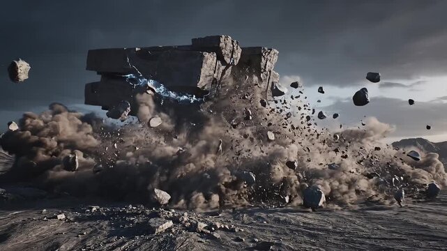 Massive stone monolith collapsing with dramatic lightning and dust