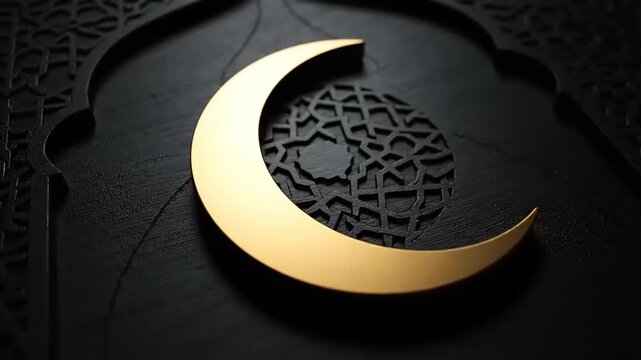 Elegant Golden Crescent Moon Emblem on a Textured Dark Background with Islamic Geometric Patterns - Symbolic Representation