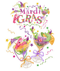Mardi Gras cocktails watercolor illustrations,Mardi Gras Party,Mardi Gras Crocodile,Shrimp watercolor,Mardi Gras beverage,Drinks watercolor © TheHappyGiftArt