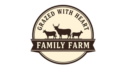 Family Farm Logo with Grazed with Heart Slogan and Silhouettes of Cattle and Deer.