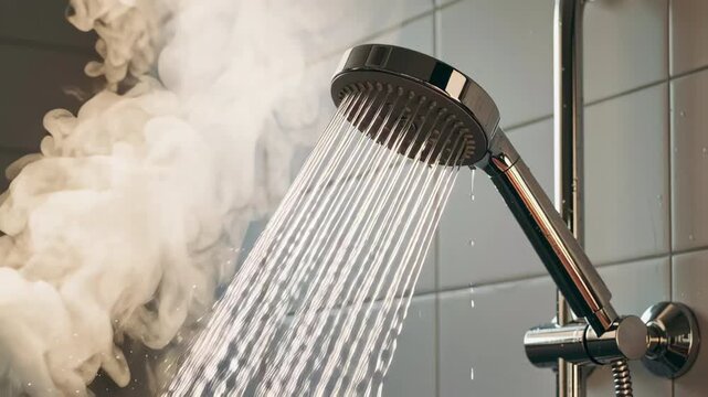 Close up of chrome shower head spraying hot water with steam rising in tiled bathroom