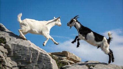 Obraz premium Goats leaping on rocky terrain