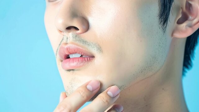 顔の青ひげや剃り残しを気にする若い男性　脱毛・メンズスキンケア・美容映像