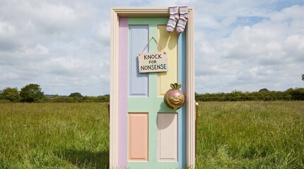 A colorful door standing in a lush green field under a cloudy sky