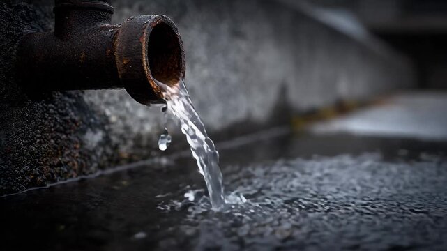 Water flowing from a cast iron downspout, Water cascades from a cast iron downspout