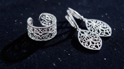 Naklejka premium Elegant silver jewelry set featuring intricate lace designs, including a cuff bracelet and matching earrings, showcasing craftsmanship and style for contemporary fashion trends in 2026