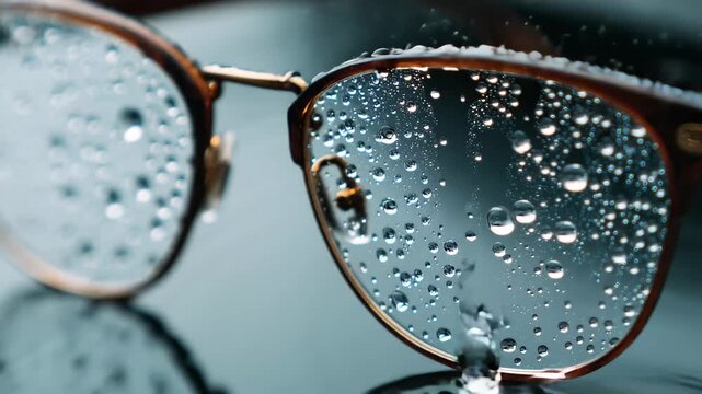 Wet eyeglasses showing numerous water drops, Wet eyeglasses covered in numerous water droplets