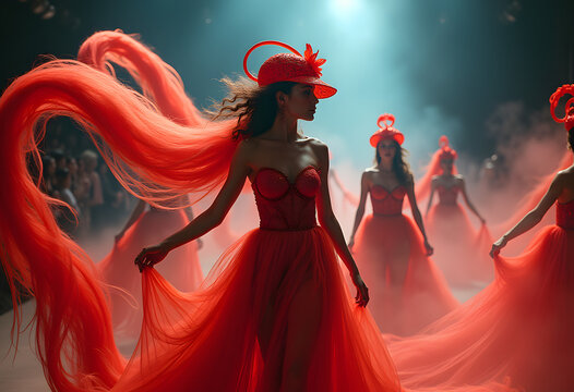 Avant-Garde Red Couture Fashion Show: Ethereal Models in Tulle Gowns and Surreal Headpieces