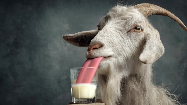 White goat presenting a glass of goat milk, A white goat holds a glass of fresh goat milk