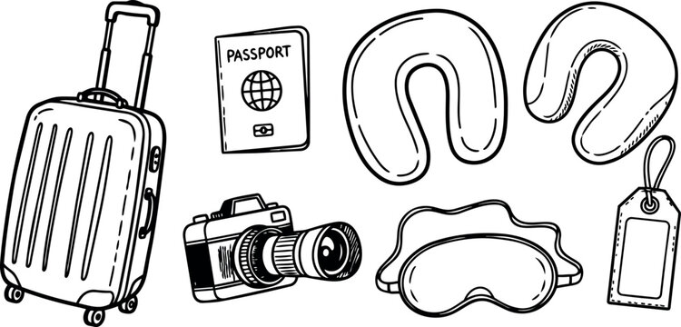 Hand drawn travel essentials including rolling suitcase passport camera neck pillows and luggage tag in black and white vector style