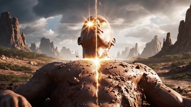 Cinematic slow motion visual depicting the sacred mythological origins of humanity emerging from the raw earth and clay in a divine spiritual moment of ancient creation and birth of mankind