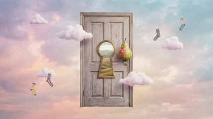 An open wooden door with a mirror and pear against a pastel sky with floating clouds and birds in a surreal scene from a distant viewpoint
