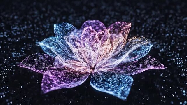 Abstract digital lotus flower glowing with vibrant colors in a dark, bokeh background
