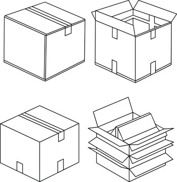 Vector illustration of four cardboard boxes in different states: closed, open, sealed, and flattened