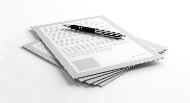 A pen resting on a stack of professional business documents on a white background