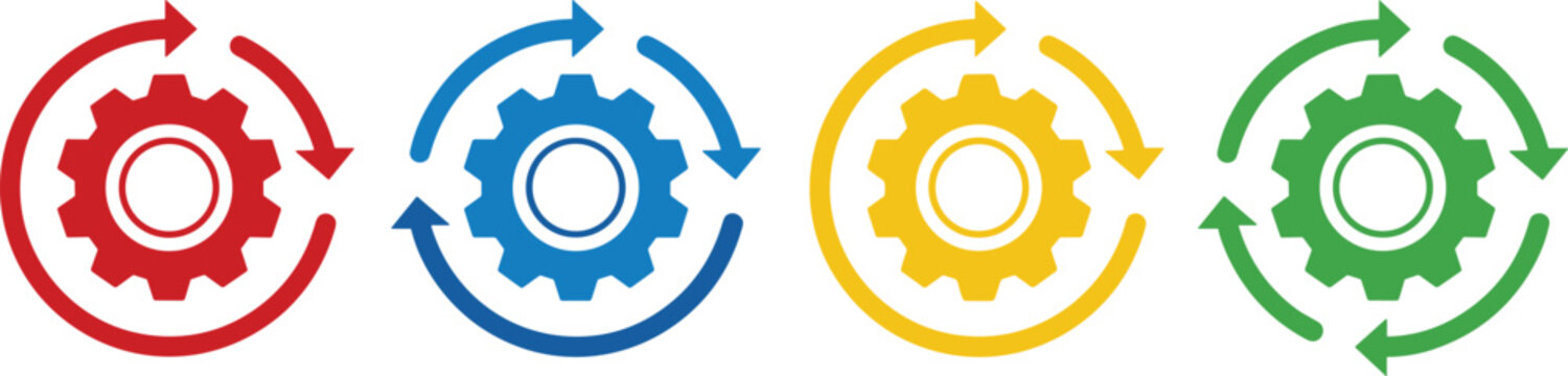 Vector illustration of four colorful gear icons enclosed in circular arrows representing rotation and process cycles