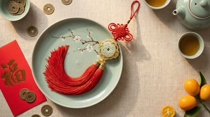 Chinese New Year Celebration, Table Setting with Traditional Elements and Modern Accents