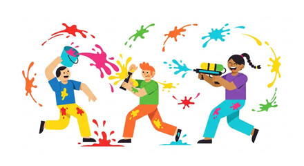 Children playing with water guns and paint buckets splashing colorful liquids in a fun outdoor activity representing summer joy and playful celebration