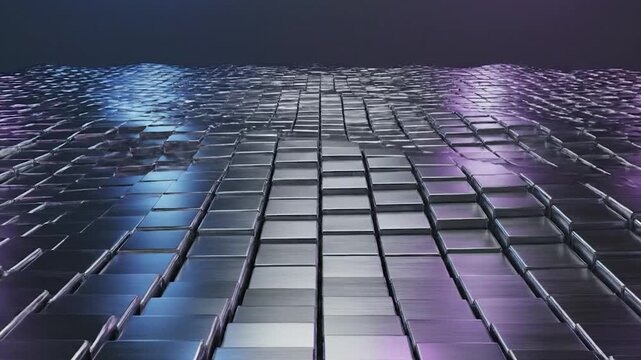 Abstract metallic squares form a rippling surface with blue and purple light