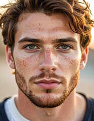 Portrait of a young man with freckles and intense gaze
