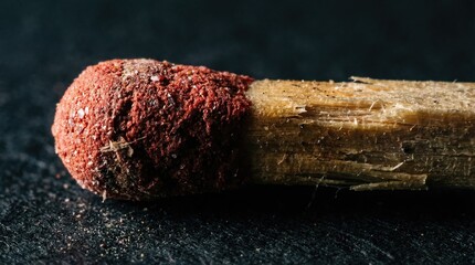 Close-up of a lit matchstick emitting smoke, red tip, dark background, dramatic lighting