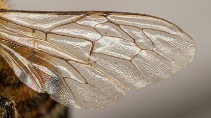 Close-up of insect wing with detailed vein patterns and iridescent surface