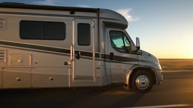 RV Motorhome Driving on Open Highway at Sunset
