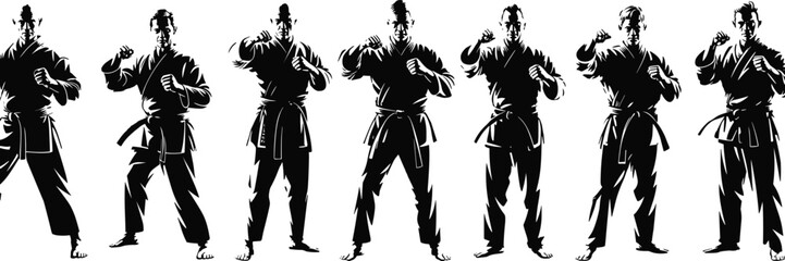 Fototapeta premium Karate martial artist silhouette collection showing fighting stances, punching techniques and disciplined combat sport training poses in dynamic vector illustration set