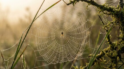 Dewy spider web in nature, morning mist, intricate design, natural beauty