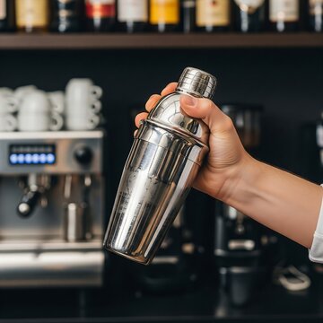 Carajillo (Coffee Cocktail):  hand shaking a stainless steel cocktail shaker. Blurred bar background with espresso and liqueur bottles