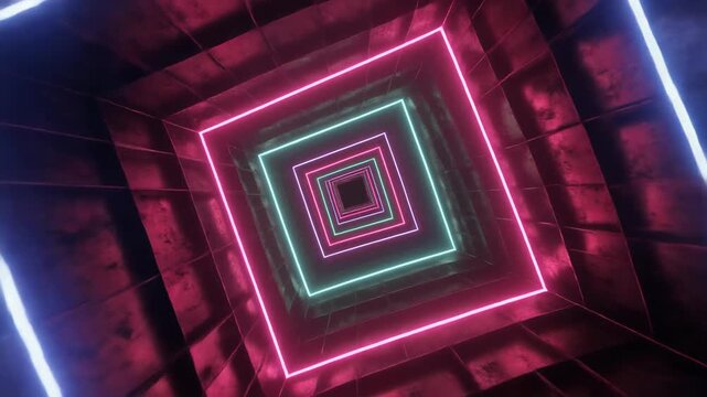 Neon lights forming a square tunnel with vibrant colors and futuristic ambiance.