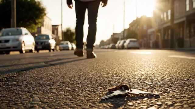 Cinematic low angle closeup of a frustrated man searching for his lost car key on the ground, expressing stress and anxiety in a dramatic slow motion shot with moody lighting and detail.