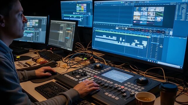 multi-monitor video editing studio with operator at editing workstation