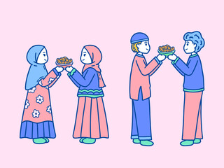 Obraz premium Vector of Muslims Sharing Food in Ramadan Concept Illustration