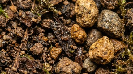 Close-up of soil with rocks and moss, natural texture, earthy colors, organic elements