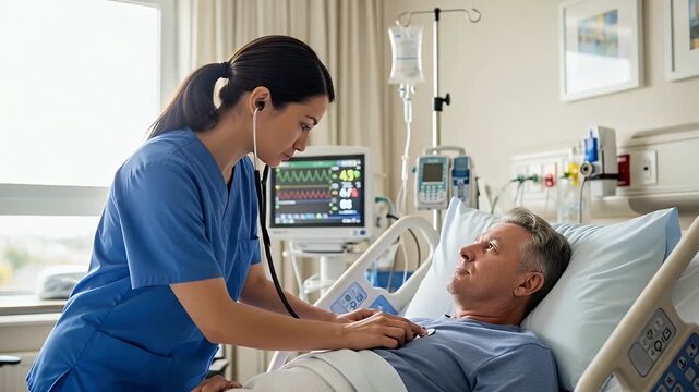 nurse checks patient in hospital bed with monitor and iv drip