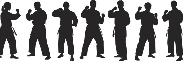Martial arts karate fighter silhouette collection showing powerful fighting stances, self defense training poses and disciplined combat sport vector illustration set © Rabbi creatives
