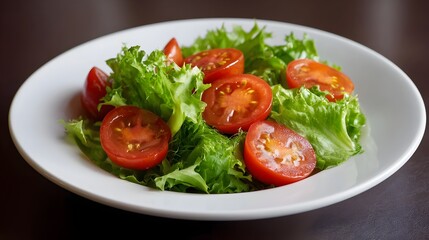 A vibrant green salad with fresh sliced tomatoes served on a clean white plate symbolizing healthy eating